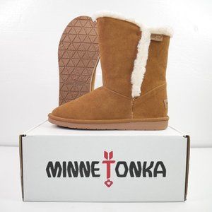 Minnetonka Womens Shearling Suede Slip On Short Boots Chestnut Brown 6 8 NWOB